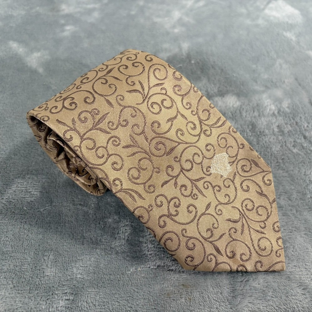 Versace Silk Neck Tie Beige Italy Swirling Scroll Baroque Arabesque